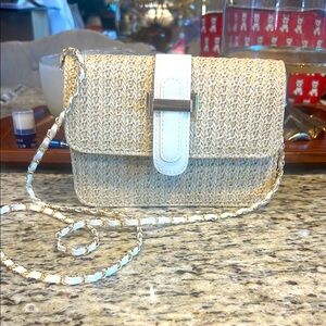 Cream & White Grass Like Exterior Shoulder Crossbody Bag Chain Shoulder Strap